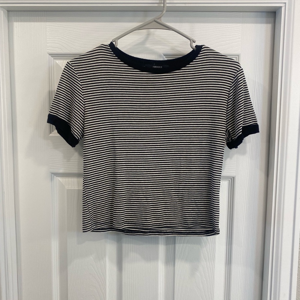 Forever 21 Black & White Striped Crop Ringer Tee